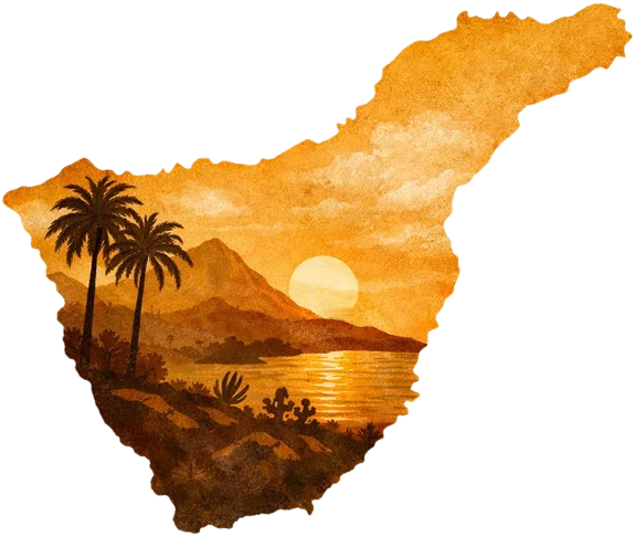 Sagoma illustrata di Tenerife con palme e mare al tramonto